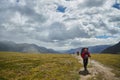 Hiking in the Altai mountains, amazing landscape of the valley of the mountain range. Group hiking, multi-day backpacking. Russia