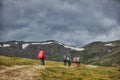 Hiking in the Altai mountains, amazing landscape of the valley of the mountain range. Group hiking, multi-day backpacking. Russia