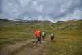 Hiking in the Altai mountains, amazing landscape of the valley of the mountain range. Group hiking, multi-day backpacking. Russia