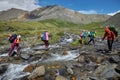Hiking in the Altai mountains, amazing landscape of the valley of the mountain range. Group hiking, multi-day backpacking. Russia