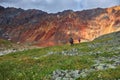 Hiking in the Altai mountains, amazing landscape of the valley of the mountain range. Group hiking, multi-day backpacking. Russia