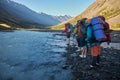 Hiking in the Altai mountains, amazing landscape of the valley of the mountain range. Group hiking, multi-day backpacking. Russia