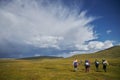 Hiking in the Altai mountains, amazing landscape of the valley of the mountain range. Group hiking, multi-day backpacking. Russia