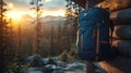 Hiking backpack hangs on cabin wall at sunset Royalty Free Stock Photo