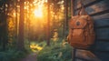 Hiking backpack hangs on rustic wooden wall, bathed in golden sunset light Royalty Free Stock Photo