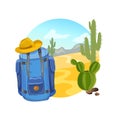 Hiking, backpack, icon with landscape Royalty Free Stock Photo