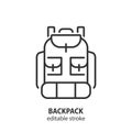 Hiking backpack line icon. Camping rucksack vector sign. Editable stroke