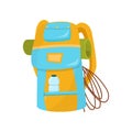 Hiking backpack with rope, camping mat and bottle of water in pocket. Bright blue-yellow bag for adventurer. Flat vector