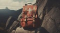 Hiking backpack on the top of a mountain. Travel and adventure concept. Missionary work