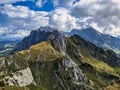 hiking in the beautiful swiss mountains. Lutispitz above Wildhaus in Toggenburg. View of the Santis Alpstein