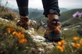 Hiking boot. Legs on mountain trail. Leather ankle shoes. Generative Ai.