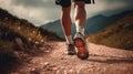 Hiking boot. Legs on mountain trail during trekking in forest. Leather ankle shoes