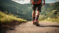 Hiking boot. Legs on mountain trail during trekking in forest. Leather ankle shoes