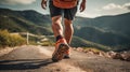 Hiking boot. Legs on mountain trail during trekking in forest. Leather ankle shoes