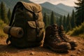 Hiking boots and backpack with rolled mat on mountain trail with forest and hills in background Royalty Free Stock Photo