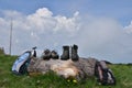 Hiking boots, backpacks, sky, clouds Royalty Free Stock Photo