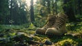 The hiking boots in forest.AI generated image Royalty Free Stock Photo