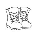 Hiking boots hand drawn outline isolated on white. Vector line doodle illustration. Royalty Free Stock Photo