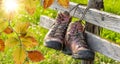 hiking boots hanging on a bench in autumn.