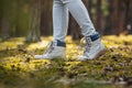 Hiking boots. Hiker walking in woodland Royalty Free Stock Photo