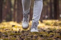 Hiking boots. Hiker walking in woodland Royalty Free Stock Photo