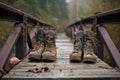 hiking boots leaving muddy footprints on a bridge
