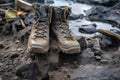 hiking boots leaving muddy footprints on rocks