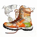 Hiking boots with a painted a globe with maps of countries and oceans isolated on white, for advertising banners Royalty Free Stock Photo