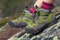Hiking boots pair and mountain background