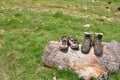 Hiking boots, shoes on wood log Royalty Free Stock Photo