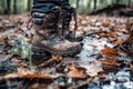 hiking boots stuck in thick mud, leaves around Royalty Free Stock Photo