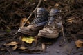 hiking boots stuck in thick mud, leaves around Royalty Free Stock Photo