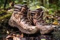 hiking boots stuck in thick mud, surrounded by nature Royalty Free Stock Photo