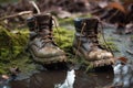 hiking boots submerged in a muddy puddle