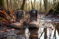 hiking boots submerged in a muddy puddle