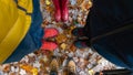 Hiking boots on top of colorful fall tree leaves Royalty Free Stock Photo