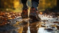 Hiking Boots Treading Through Autumn Leaves and Water GenerativeAI Royalty Free Stock Photo