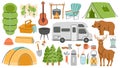 Hiking camp equipment, sleeping bag, barbeque and tents. Cartoon nature forest or mountain exploring travel. Tourist