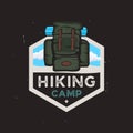 Hiking camp logotype concept with travel backpack, outdoor adventures