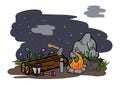 Hiking and camping. Editable vector illustration of a night landscape with a bonfire, logs and an ax Royalty Free Stock Photo