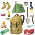 Hiking camping equipment base camp gear and accessories outdoor cartoon travel vector illustration.