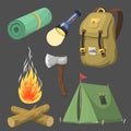 Hiking camping equipment base camp gear and accessories outdoor cartoon travel vector illustration.