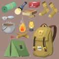 Hiking camping equipment base camp gear and accessories outdoor cartoon travel vector illustration.