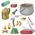 Hiking camping equipment base camp gear and accessories outdoor cartoon travel vector illustration. Royalty Free Stock Photo