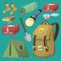 Hiking camping equipment base camp gear and accessories outdoor cartoon travel vector illustration.