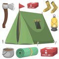 Hiking camping equipment base camp gear and accessories outdoor cartoon travel vector illustration.