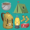 Hiking camping equipment base camp gear and accessories outdoor cartoon travel vector illustration. Royalty Free Stock Photo