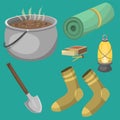 Hiking camping equipment base camp gear and accessories outdoor cartoon travel vector illustration.