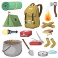 Hiking camping equipment base camp gear and accessories outdoor cartoon travel vector illustration.