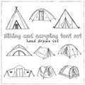 Hiking and camping hand drawn doodle set. Isolated elements on white background. Symbol collection. Royalty Free Stock Photo